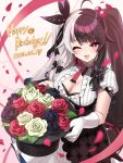  1girl 2023 absurdres black_flower black_hair black_rose black_skirt bouquet cleavage_cutout clothing_cutout dated flower happy_birthday highres long_hair multicolored_background multicolored_hair nijisanji one_eye_closed pink_background pink_eyes pink_hair red_flower red_rose rose shirt short_sleeves skirt solo split-color_hair twintails virtual_youtuber white_background white_hair white_shirt yagi_(ningen) yellow_flower yellow_rose yorumi_rena 