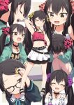  1girl ^_^ absurdres animal_print armpits bespectacled black_choker black_hair blush choker closed_eyes collage crop_top depressed expressions glasses hair_ornament hair_ribbon hairclip highres hugging_own_legs idolmaster idolmaster_cinderella_girls idolmaster_cinderella_girls_u149 knees_up leopard_print looking_at_viewer matoba_risa multiple_persona presenting_armpit ribbon smile swept_bangs thighhighs twintails v-shaped_eyebrows yukie_(kusaka_shi) 