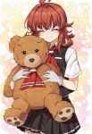  absurdres ahoge arashi_(kancolle) closed_eyes gloves highres kanmiya_shinobu kantai_collection necktie object_hug pleated_skirt red_hair school_uniform serafuku short_hair skirt smile stuffed_animal stuffed_toy teddy_bear white_gloves 