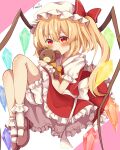  1girl absurdres ascot back_bow blonde_hair bloomers blush bobby_socks bow character_name closed_mouth crystal dorowa_(drawerslove) flandre_scarlet frilled_skirt frilled_sleeves frills full_body hair_between_eyes hat highres holding holding_stuffed_toy long_hair looking_at_viewer mary_janes mob_cap multicolored_wings one_side_up pink_background puffy_short_sleeves puffy_sleeves red_eyes red_footwear red_skirt red_vest shirt shoes short_sleeves simple_background skirt skirt_set socks solo stuffed_animal stuffed_toy teddy_bear touhou underwear vest white_background white_bloomers white_bow white_headwear white_shirt white_socks wings yellow_ascot 