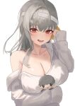  1girl bandaged_head bandages blush breasts character_doll cleavage collarbone commander_(nikke) goddess_of_victory:_nikke grey_hair hair_ribbon highres large_breasts long_hair looking_at_viewer modernia_(first_affection)_(nikke) modernia_(nikke) off_shoulder official_alternate_costume open_mouth red_eyeliner red_eyes ribbon sakuramomo shirt sidelocks simple_background solo white_background white_shirt yellow_ribbon 