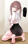  1girl @_@ ass black_skirt blush breasts collared_shirt commentary_request feet formal from_behind green_eyes head_tilt highres kneeling large_breasts legs light_brown_hair long_bangs long_hair looking_at_viewer looking_back no_shoes office_lady ol-chan_(oouso) oouso original panties panties_under_pantyhose pantyhose pencil_skirt pink_pantyhose ponytail see-through see-through_legwear see-through_skirt shadow shirt skirt skirt_suit soles solo suit thighs toes underwear white_pantyhose white_shirt 