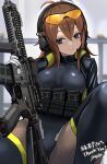  1girl black_leotard black_thighhighs blurry blurry_background breasts brown_hair closed_mouth commentary_request commission depth_of_field ear_protection eyewear_on_head feet_out_of_frame gloves gun hair_between_eyes headset holding holding_gun holding_weapon knee_up leotard long_hair looking_at_viewer medium_breasts orange-tinted_eyewear original purple_eyes scope skeb_commission solo sunao_(70_the) thank_you thighhighs tinted_eyewear translation_request weapon weapon_request white_gloves 
