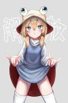  1girl :&lt; blonde_hair blue_eyes blue_skirt blue_vest bright_pupils brown_headwear clothes_lift grey_background highres lifted_by_self long_sleeves looking_at_viewer medium_hair moriya_suwako neritch shirt simple_background skirt skirt_lift solo thighhighs touhou translation_request vest white_pupils white_shirt white_thighhighs 