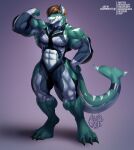  abs agonwolfe anthro blue_eyes claws clothing digitigrade female fish flexing green_body green_skin humanoid humanoid_pointy_ears looking_at_viewer marine muscular shark sharp_teeth solo standing suit teeth tight_clothing 