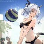  1girl 2boys ;o arknights artist_name beach_volleyball bikini bilibili_logo black_bikini blue_sky breasts cleavage cowboy_shot day dragon_girl dragon_horns dragon_tail faust_(arknights) grey_hair hair_between_eyes hair_intakes highres horns lofter_logo medium_breasts mephisto_(arknights) multiple_boys one_eye_closed open_mouth outdoors palm_tree reunion_logo_(arknights) rockyroo short_hair sky solo_focus sunlight swimsuit tail talulah_(arknights) tree twitter_x_logo weibo_logo yellow_eyes 