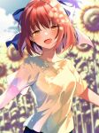  1girl blue_bow blue_sky bow cloud commentary_request day field flower flower_field hair_bow highres kohaku_(tsukihime) looking_at_viewer open_mouth outdoors red_hair rogobo_(rgb_0127) shirr shirt short_hair short_sleeves sky smile solo sunflower sunlight t-shirt tsukihime white_shirt yellow_eyes yellow_flower 