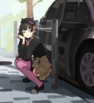  1girl beret black_hair black_shirt car character_request closed_mouth copyright_request day hat highres long_sleeves looking_at_viewer motor_vehicle one_eye_closed outdoors shirt shoes skirt smile solo squatting thighhighs v yellow_eyes zanya_000 