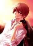  1boy black_jacket blurry blurry_background brown_hair closed_mouth commentary_request dress dress_shirt dutch_angle eyelashes eyes_visible_through_hair hair_between_eyes half-closed_eyes hand_up holding holding_clothes holding_jacket jacket little_busters! long_sleeves natsume_kyousuke nose red_eyes school_uniform shirt short_hair sidelighting simple_background sleeves_rolled_up smile solo sunset upper_body white_dress zen_(kamuro) 