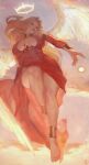  1girl angel angel_wings anklet barefoot breasts breasts_apart bright_pupils center_opening commission detached_sleeves dress from_below full_body halo highres jewelry large_breasts nat_the_lich original red_dress red_eyes sky solo wings 