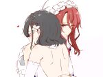  2girls back backless_dress backless_outfit black_hair blue_eyes blush commentary_request dress flower hair_flower hair_ornament hand_on_another&#039;s_shoulder heart highres hug ilia_coral kissing_shoulder lainie_cyan long_hair medium_hair multiple_girls red_hair shoulder_blades simple_background tensei_oujo_to_tensai_reijou_no_mahou_kakumei user_ctzu3228 white_dress white_flower white_headwear yuri 