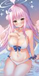  1girl absurdres angel_wings bikini blue_archive blue_bow bow breasts choker cleavage closed_mouth collarbone feathered_wings flower hair_bun hair_flower hair_ornament hair_ribbon halo hand_on_own_chest highres large_breasts long_hair looking_at_viewer low_twintails mika_(blue_archive) navel pink_flower pink_hair ribbon shiinyan single_side_bun sitting sky solo star_(sky) starry_sky stomach sunset swimsuit thighs twintails white_bikini white_choker white_ribbon white_wings wings yellow_eyes 