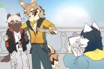  2023 anthro bottomwear brown_body brown_fur canid canine canis clothed clothing creating_art domestic_dog fur group jackal jacket lifewonders male male/male mammal painting_(object) painting_(verb) pants question_mark seth_(tas) tadatomo tandong820 tokyo_afterschool_summoners topwear trio white_body white_fur 