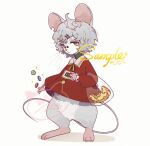  1other :&lt; animal_ears artist_name bag cheese food full_body furry green_eyes grey_fur grey_hair highres holding holding_bag hua_hua_de_meme looking_at_viewer looking_to_the_side mouse mouse_ears mouse_tail original plastic_bag poker_chip red_shirt sample_watermark shirt short_hair solo sunglasses tail tossing white_background 