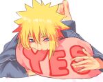  1boy barefoot blonde_hair blue_eyes blush legs_up long_sleeves looking_to_the_side lying male_focus mamizu_unacha namikaze_minato naruto naruto_(series) object_hug on_stomach pajamas pillow pillow_hug simple_background smile solo white_background yes yes-no_pillow 