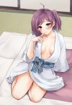  1girl ahoge bath_yukata blush breasts brown_eyes closed_mouth finger_to_mouth futon hagikaze_(kancolle) highres indoors japanese_clothes kantai_collection kimono large_breasts long_hair looking_at_viewer obi on_floor one_side_up purple_hair saburou_03 sash sitting solo tatami wide_sleeves yukata 