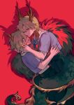  2girls absurdres blonde_hair blue_shirt dragon_horns dragon_tail dual_persona green_skirt highres horns kicchou_yachie multiple_girls open_mouth pleated_skirt red_background red_eyes shirt short_hair short_sleeves simple_background skirt tail tokinhr tongue tongue_out touhou turtle_shell yellow_eyes yellow_horns 