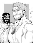  2boys arm_hair bara beard_stubble borrowed_character chest_hair_peek come_hither facial_hair from_side greyscale grin highres large_pectorals leimengrem long_sideburns looking_at_viewer male_focus mature_male monochrome multiple_boys muscular muscular_male mustache_stubble original pectoral_cleavage pectorals seductive_smile short_hair sideburns smile smirk sparkle_background star_(symbol) stubble tank_top thick_eyebrows thick_mustache upper_body veins veiny_arms veiny_hands 