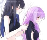  2girls arikalovesyou2 atsuko_(blue_archive) black_hair blue_archive blue_bodysuit blue_hair blush bodysuit breasts closed_eyes closed_mouth colored_inner_hair commentary cross-shaped_pupils ear_blush flying_sweatdrops halo highres light_purple_hair long_hair medium_breasts multicolored_hair multiple_girls nail_polish open_mouth partially_unzipped profile red_eyes saori_(blue_archive) smile straight_hair symbol-shaped_pupils two-tone_hair upper_body zipper zipper_pull_tab 