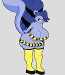  absurd_res big_breasts big_butt big_tail blue_body breasts butt clothing female hi_res leather leather_clothing mammal mephitid skunk solo stripes tail vaprwavez yellow_clothing 