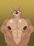  2022 abs absurd_res anthro anthrofied areola artist_name aviator_glasses biceps big_pecs biped brown_areola brown_eyebrows brown_nipples brown_nose canid canine canis cheek_tuft colored copyright_symbol countershade_face countershade_torso countershading coyote cross cross_necklace dated deltoids digital_drawing_(artwork) digital_media_(artwork) eyebrows eyewear eyewear_only facial_tuft fangs front_view fur gradient_background half-length_portrait head_tilt hi_res inner_ear_fluff jewelry looking_at_viewer looking_down looking_down_at_viewer male mammal muscular muscular_anthro muscular_male neck_tuft necklace necklace_only nipples nude open_mouth open_smile orange_eyewear orange_sunglasses pecs portrait prick_ears rebel_nightwolfe scp-2547-1 scp_foundation shoulder_tuft simple_background smile solo sunglasses sunglasses_only symbol tan_body tan_fur tan_tuft teeth triceps tuft yellow_background 