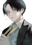  1boy black_hair black_jacket closed_mouth collared_shirt grey_eyes ha_mmmu hand_up instagram_username jacket jujutsu_kaisen looking_at_viewer male_focus necktie okkotsu_yuuta shirt short_hair simple_background solo twitter_username upper_body white_background white_shirt yellow_necktie 