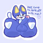  absurd_res animal_crossing anthro balls big_balls big_penis blue_background blue_body blush bodily_fluids bottomless clothed clothing domestic_cat felid feline felis genital_fluids genitals glans glistening glistening_body glistening_skin half-closed_eyes hi_res huge_balls huge_penis humanoid_genitalia looking_at_viewer male mammal narrowed_eyes nintendo penis precum red_eyes rover_(animal_crossing) simple_background slazzy smile solo 