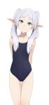  1girl absurdres alternate_costume arms_behind_back blue_one-piece_swimsuit breasts camui1104 closed_mouth commentary earrings elf frieren green_eyes grey_hair highres jewelry long_hair looking_at_viewer one-piece_swimsuit pointy_ears simple_background small_breasts solo sousou_no_frieren standing swimsuit twintails white_background 