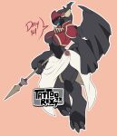  anthro armor black_body breasts clothed clothing english_text female generation_5_pokemon hi_res legendary_pokemon melee_weapon nintendo pokemon pokemon_(species) polearm red_background simple_background solo spear tattoorexy teeth text weapon white_eyes wings zekrom 