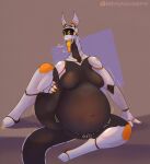  anthro anthro_pred belly belly_blush big_belly big_breasts blush body_blush breasts breath digestion digestion_noises digital_media_(artwork) female female_pred genitals hi_res holding_leg long_neck long_tongue machine navel nipples nohunuh panting protogen protogen_visor pussy sitting solo synth_(vader-san) tongue tongue_out vore 