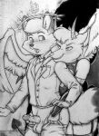  &lt;3 angel anthro balls blush canid canine demon duo enwood_the_fox feathered_wings feathers fox genitals germainethevixen halo hi_res jublenarris male male/male mammal membrane_(anatomy) membranous_wings open_mouth penis penis_grab spade_tail tail undressing_another wings 