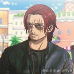  1boy artist_name black_jacket closed_mouth facial_hair highres jacket looking_to_the_side male_focus one_piece outdoors red_hair scar scar_across_eye scar_on_face shanks_(one_piece) short_hair sidmurphyx solo solo_focus sunglasses 