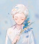  1boy absurdres awarin closed_eyes closed_mouth collared_shirt flower highres holding holding_flower light_blue_background male_focus neck_tattoo norman_(yakusoku_no_neverland) number_tattoo shirt solo tattoo white_hair white_shirt yakusoku_no_neverland 