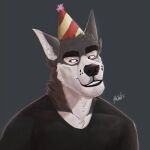  1:1 acidwuff anthro black_clothing black_nose black_topwear bust_portrait clothed clothing front_view fur grey_background grey_body grey_fur grin hat head_tuft headgear headwear hi_res inner_ear_fluff looking_aside male orange_eyes party_hat portrait signature simple_background smile solo topwear tuft white_body white_fur white_inner_ear_fluff 