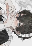  1boy black_hair blue_eyes cigarette earrings fingernails grey_background hair_between_eyes highres holding holding_cigarette jewelry light_blush looking_at_viewer maid maid_headdress male_focus mole mole_under_eye original own_hands_together portrait short_hair simple_background smoke solo sosaku_25 