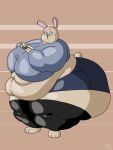  2018 3:4 3_toes anthro batspid2 belly big_belly big_breasts big_butt biped black_clothing black_nose blue_clothing blue_eyes book bottomwear breasts brown_background butt cel_shading clothing cutoffs denim denim_clothing digital_drawing_(artwork) digital_media_(artwork) eyebrows eyelashes feet female full-length_portrait geometric_background grey_clothing holding_object huge_breasts huge_butt huge_thighs hyper hyper_breasts hyper_butt hyper_thighs lagomorph legwear leporid loa_(batspid2) looking_at_viewer mammal morbidly_obese morbidly_obese_anthro morbidly_obese_female navel obese obese_anthro obese_female overweight overweight_anthro overweight_female portrait rabbit shaded shorts side_view signature simple_background solo standing sweater tail tan_body thick_thighs tights toes topwear wide_hips 