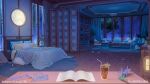  bed bed_sheet book cd cd_case cup curtains desk drink drinking_glass drinking_straw flower indoors night no_humans open_book origami original pillow sanxian_(wufs4222) scenery shelf table window 
