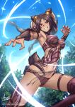  1girl adsouto armor bikini_armor body_fur braid breasts brown_eyes brown_hair dark-skinned_female dark_skin facial_mark fire_emblem fire_emblem_awakening grin highres long_hair medium_breasts navel panne_(fire_emblem) shoulder_armor signature smile solo tail twin_braids 