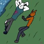  1:1 ambiguous_gender anthro canid canine clothed clothing digital_drawing_(artwork) digital_media_(artwork) duo field fox lagomorph leporid lying mammal rabbit river shirtless signature talking_to_another thetraanarchist water 
