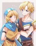  1boy 1girl armor blonde_hair blue_eyes brother_and_sister closed_mouth febail_(fire_emblem) fingerless_gloves fire_emblem fire_emblem:_genealogy_of_the_holy_war gloves hat highres looking_at_viewer one_eye_closed patty_(fire_emblem) scarf shoulder_armor siblings smile upper_body yutohiroya 