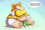  2023 anthro belly breasts clothed clothing cracks crown dialogue dizzy dizzy_eyes dress_shirt elephant elephant_daisy elephantid eyes_closed female gloves green_yoshi hair handwear headgear hi_res mammal mario_bros mouth_closed nintendo obese obese_anthro obese_female overweight overweight_anthro overweight_female panties proboscidean shenzel shirt sitting sitting_on_another size_difference smile speech_bubble super_mario_bros_wonder text tongue tongue_out topwear trunk underwear yoshi 