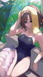  1girl 1other absurdres armpits black_one-piece_swimsuit bottle breasts brown_hair chain-link_fence cleavage feet_out_of_frame fence geema-geema giving highres higuchi_madoka holding holding_bottle holding_towel idolmaster idolmaster_shiny_colors looking_at_viewer medium_breasts one-piece_swimsuit pov pov_hands school_swimsuit sitting swimsuit thigh_gap towel 