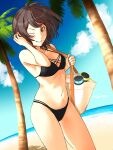  1girl ;) adjusting_hair amagami bag beach bikini black_bikini breasts brown_eyes brown_hair highres horizon medium_breasts medium_hair multi-strapped_bikini multi-strapped_bikini_bottom multi-strapped_bikini_top navel one_eye_closed palm_tree shoulder_bag smile solo swimsuit takahashi_maya takenoko_saba_otto tree 