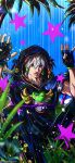  1boy absurdres arms_up blue_background braid cowboy_shot expressionless fingerless_gloves gloves green_eyes grey_hair hair_between_eyes hair_ornament highres hood hood_up jodio_joestar jojo_no_kimyou_na_bouken looking_at_viewer male_focus noonvincent palm_tree parted_lips short_hair side_braid single_braid solo star_(symbol) star_hair_ornament the_jojolands tree 