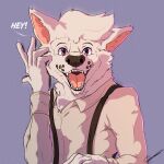  1:1 anthro canid canine canis clothing depictionexpress dialogue domestic_dog dress_shirt english_text happy_expression husky male mammal nordic_sled_dog resting_arm shirt solo solo_focus spitz surprised_expression suspenders text topwear white_body 