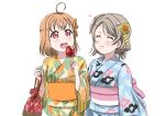  2girls ahoge bag blue_kimono blush brown_hair candy_apple closed_eyes closed_mouth cowboy_shot floral_print food green_kimono hair_ornament hands_up heart highres holding holding_bag holding_food japanese_clothes kimono long_sleeves looking_afar love_live! love_live!_sunshine!! mask medium_hair multiple_girls obi open_mouth orange_hair ponytail print_kimono red_eyes rippe sash simple_background smile takami_chika teeth twitter_username upper_teeth_only watanabe_you white_background wide_sleeves yukata 