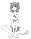  1girl :&lt; alternate_costume barefoot casual closed_mouth fate/grand_order fate_(series) fujimaru_ritsuka_(female) full_body greyscale hako_roku highres looking_up monochrome one_side_up shirt short_hair short_sleeves shorts sketch solo t-shirt 