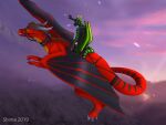  alphyron animal_humanoid anthro dragon dragon_humanoid duo feral flying from_behind_position humanoid male mount mounting rider riding scalie scalie_humanoid sex shevan_schwarzschuppe shima_laqi sunset 