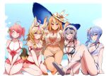  5girls ahoge alternate_breast_size alternate_costume barefoot bikini bikini_skirt blonde_hair blue_bikini blue_eyes blue_hair blue_sky blush bow braid breasts brown_hair closed_mouth collarbone dark-skinned_female dark_skin day eyelashes eyewear_on_head feet_out_of_frame flower green_eyes grey_hair hair_flower hair_ornament hairclip hands_up hat hat_flower highres hololive hoshimachi_suisei kneeling knees_up large_breasts legs long_hair long_legs looking_at_viewer medium_breasts medium_hair multicolored_hair multiple_girls navel o-ring o-ring_bottom omaru_polka open_mouth outdoors pink_bikini pink_eyes pink_hair red_bikini red_bow red_eyes revision sakura_miko sakura_miko_(2nd_costume) sandals shiranui_flare shiranui_kensetsu shirogane_noel shirogane_noel_(summer_2020) shirt side_braid side_ponytail sitting sky small_breasts star_(symbol) star_in_eye straw_hat streaked_hair swimsuit symbol_in_eye teeth thigh_strap thighs tongue tongue_out undersized_breast_cup virtual_youtuber wariza wet wet_clothes wet_shirt white_bikini white_footwear yamaki_(yamaki801) 