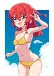  1girl :d absurdres ao_(flowerclasse) arm_up bare_arms bare_shoulders bikini blue_sky blush bocchi_the_rock! breasts cleavage cloud collarbone commentary_request day green_eyes groin hair_between_eyes highres kita_ikuyo long_hair navel one_side_up red_hair sky small_breasts smile solo standing swimsuit yellow_bikini 